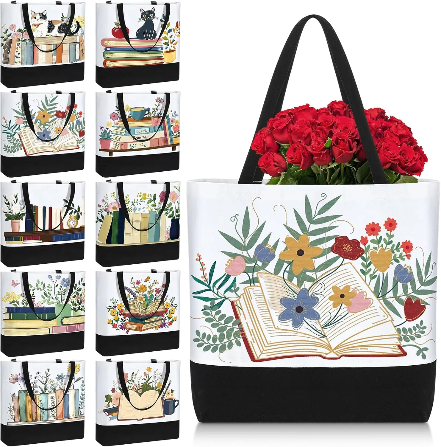 10 Pcs Book Canvas Tote Bag Bulk for Women Cute Book Lovers Club Bookish Gifts Bags with Handle for Librarian Reader(Classic)