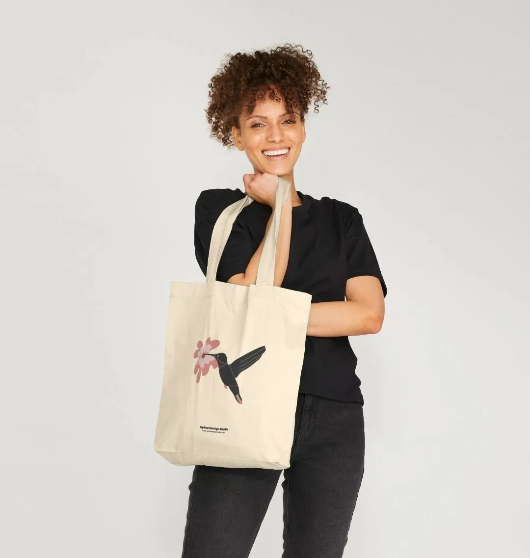 100% Organic Cotton Tote Bag - Nordic Hummingbird with Hibiscus Flower