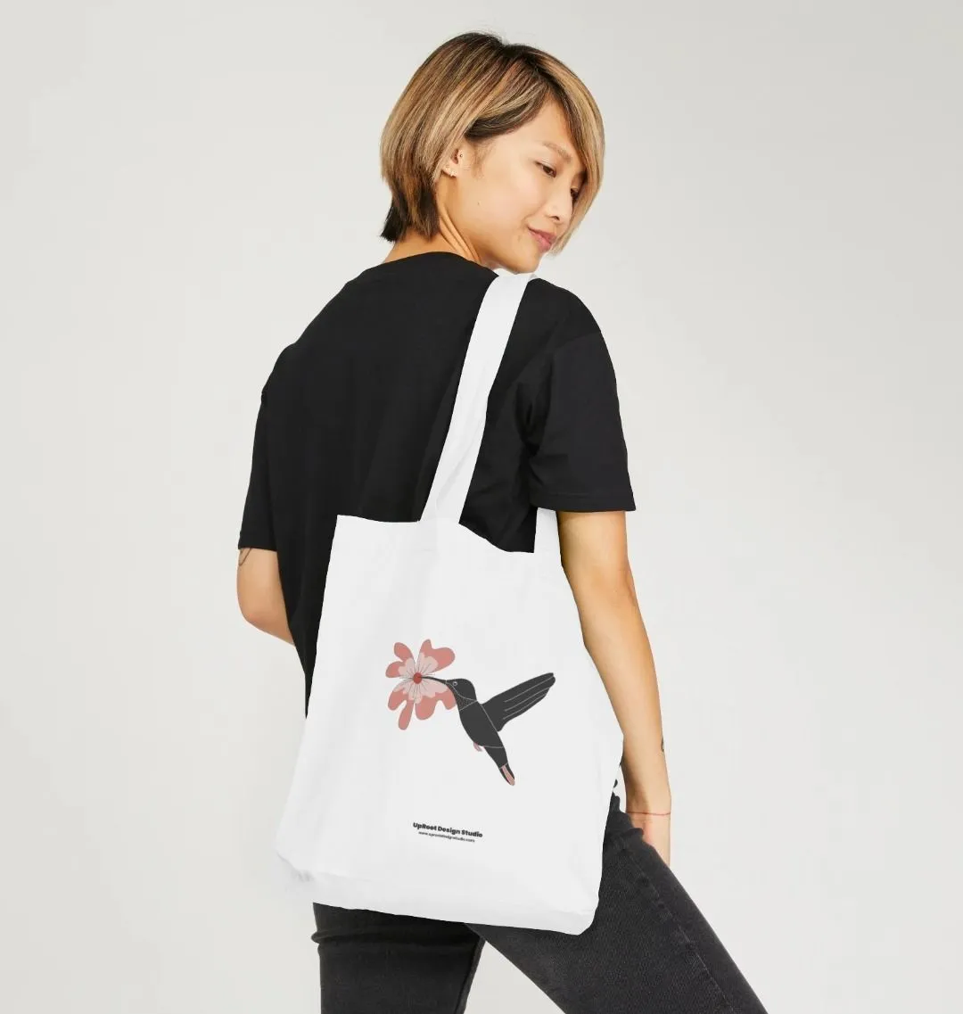 100% Organic Cotton Tote Bag - Nordic Hummingbird with Hibiscus Flower