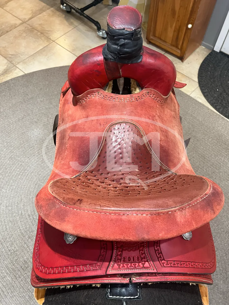 14" Custom Red Leather Team Roping Saddle by Cossentine Saddlery