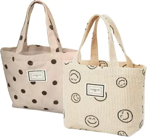 2 Pcs Corduroy Small Tote Bag for Women Cute Mini Tote Bag Preppy Aesthetic Reusable Bags for Grocery, Essentials, Water Bottle, Keys, Book, Bible