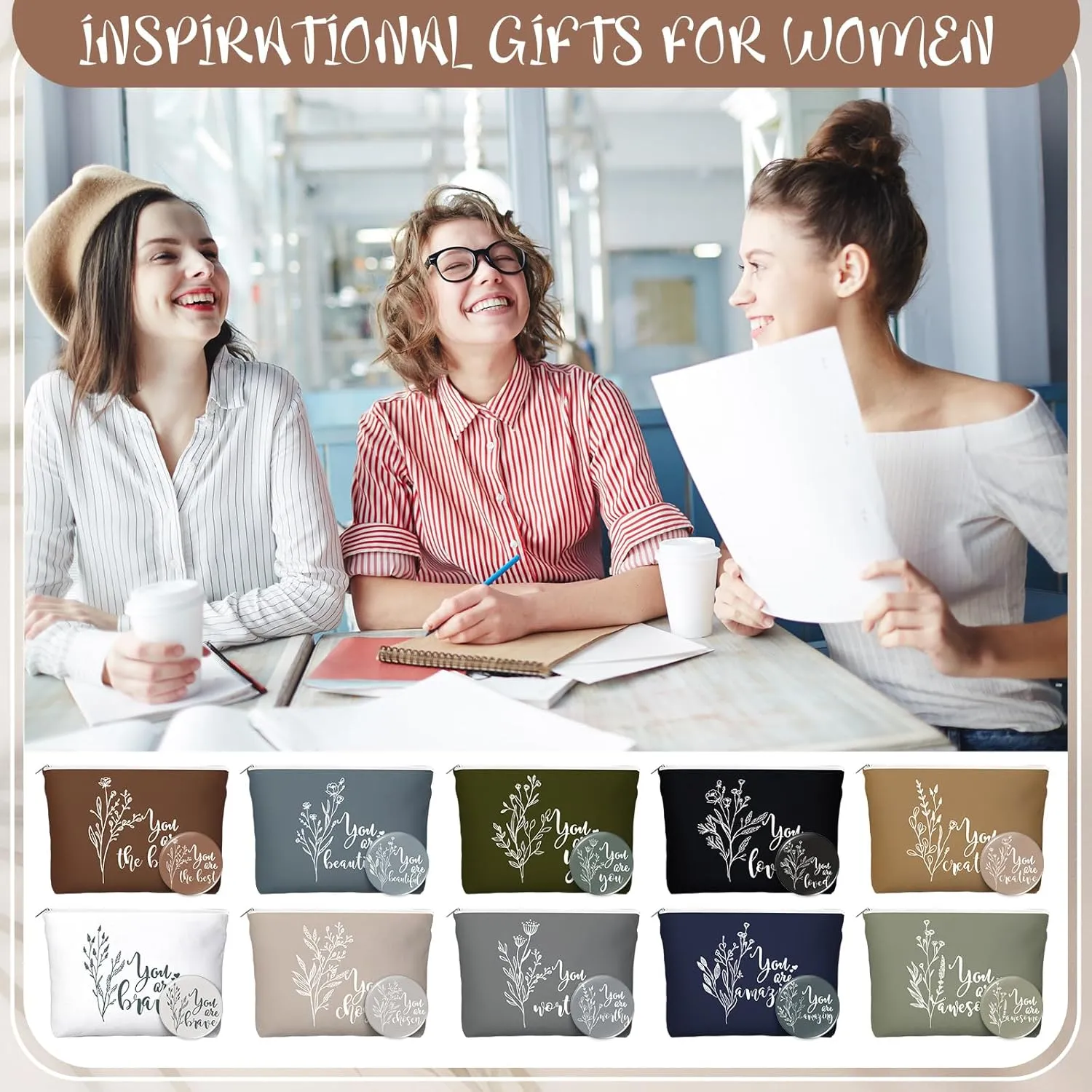 20 Pcs Employee Appreciation Gifts 10 Inspirational Canvas Makeup Bags 10 Compact Mirrors Bulk Cosmetic Bags Round Portable Pocket Mirror Thank You Gifts for Women (Boho)