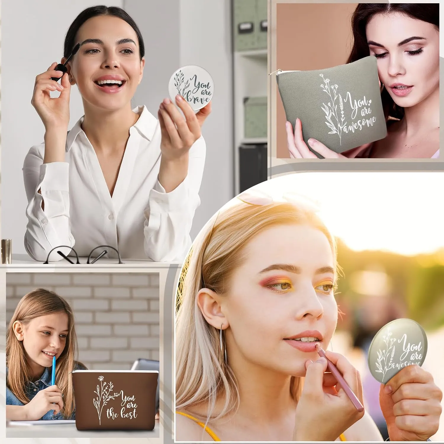 20 Pcs Employee Appreciation Gifts 10 Inspirational Canvas Makeup Bags 10 Compact Mirrors Bulk Cosmetic Bags Round Portable Pocket Mirror Thank You Gifts for Women (Boho)