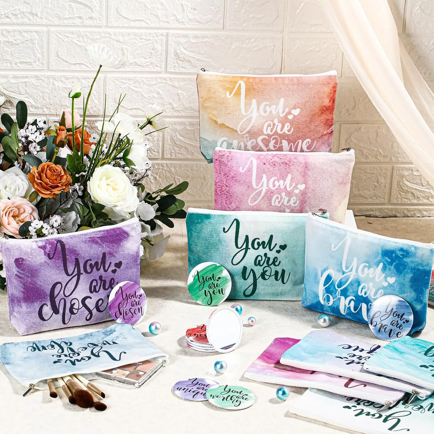 20 Pcs Employee Appreciation Gifts 10 Inspirational Canvas Makeup Bags 10 Compact Mirrors Bulk Cosmetic Bags Round Portable Pocket Mirror Thank You Gifts for Women (Inspiration)