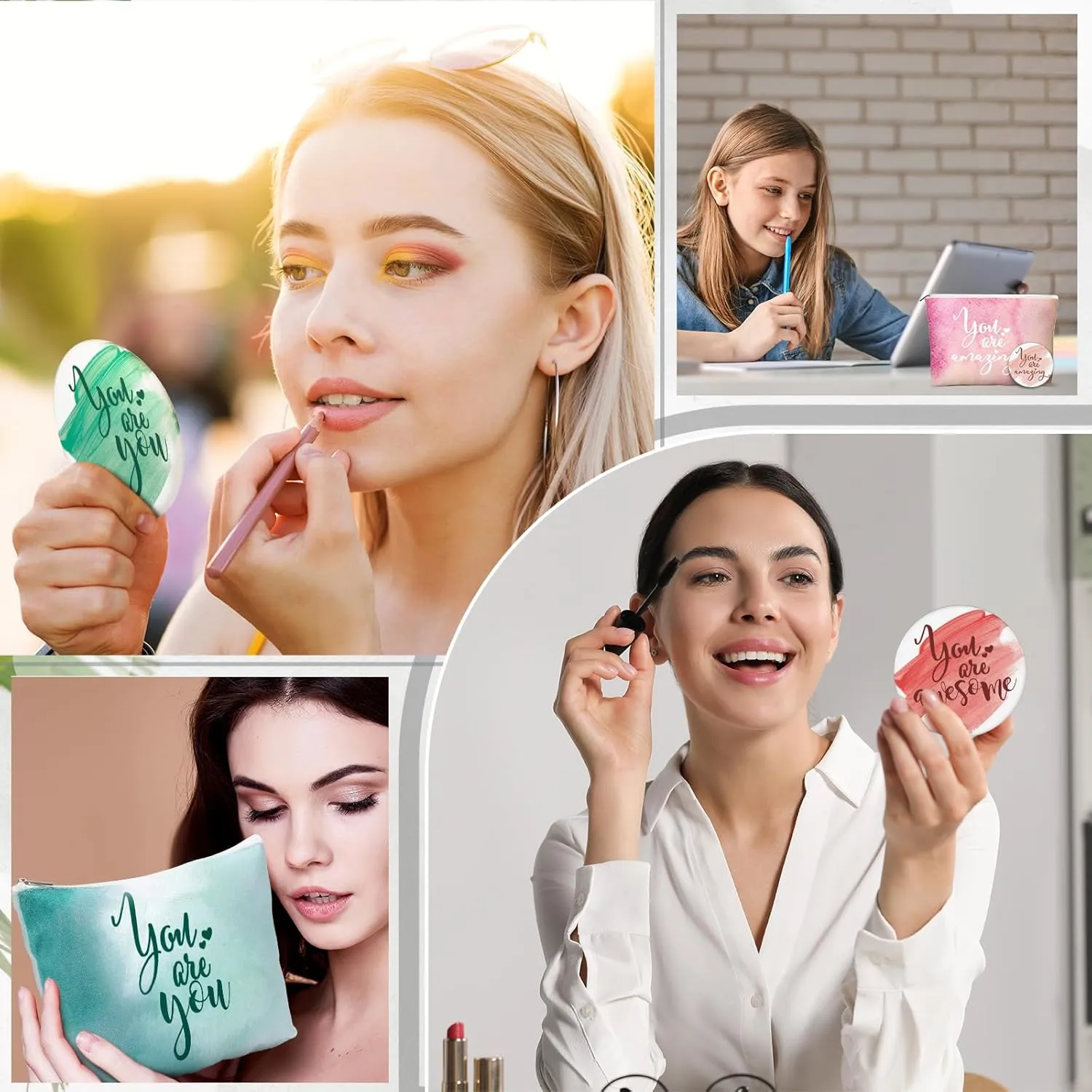 20 Pcs Employee Appreciation Gifts 10 Inspirational Canvas Makeup Bags 10 Compact Mirrors Bulk Cosmetic Bags Round Portable Pocket Mirror Thank You Gifts for Women (Inspiration)
