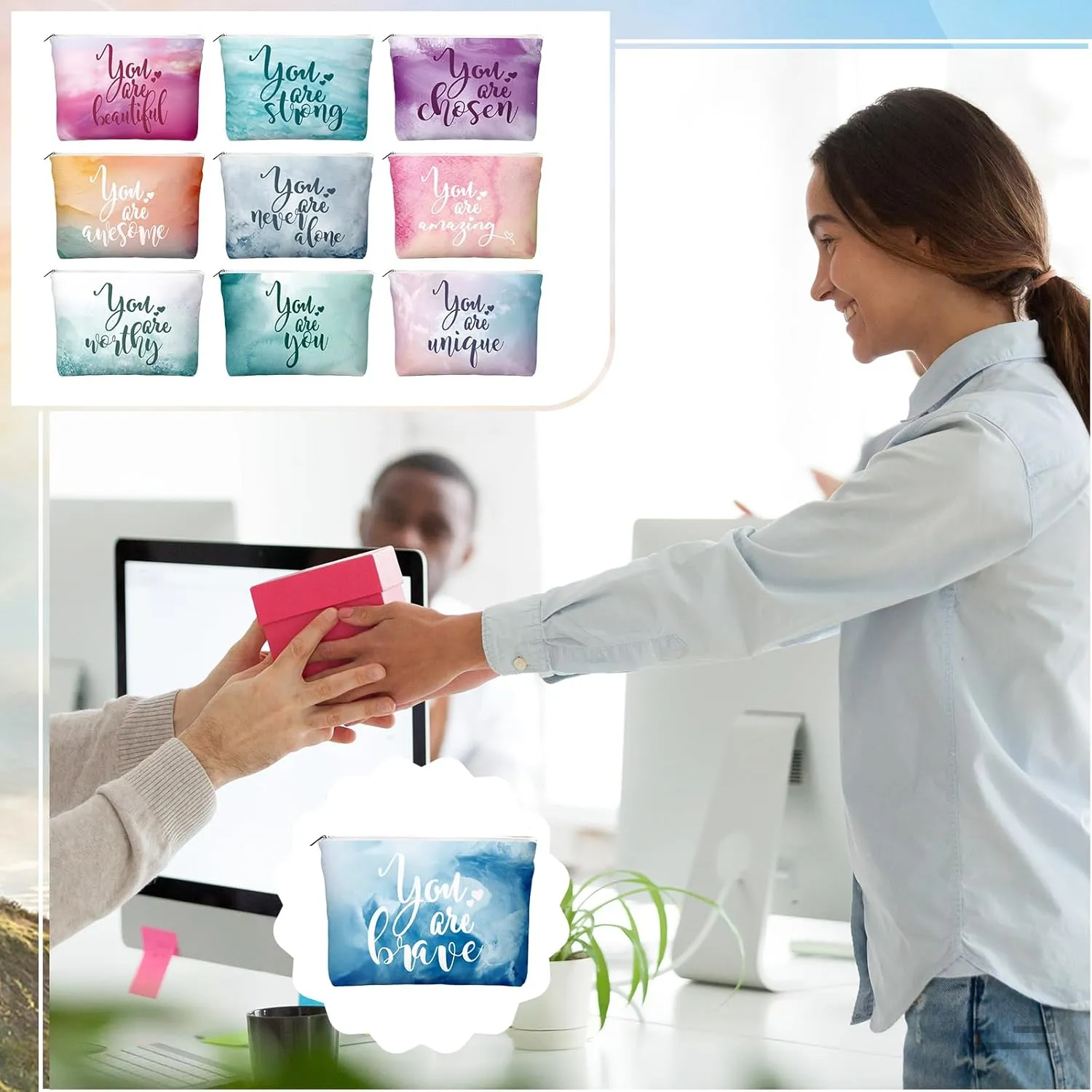 20 Pcs Employee Appreciation Gifts 10 Inspirational Canvas Makeup Bags 10 Compact Mirrors Bulk Cosmetic Bags Round Portable Pocket Mirror Thank You Gifts for Women (Inspiration)