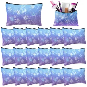 20 Pcs Snowflake Cosmetic Bags Bulk for Women Girls Canvas Zipper Pouch Make up Bags for Frozens Holiday Birthday Wonderland Party Supplies