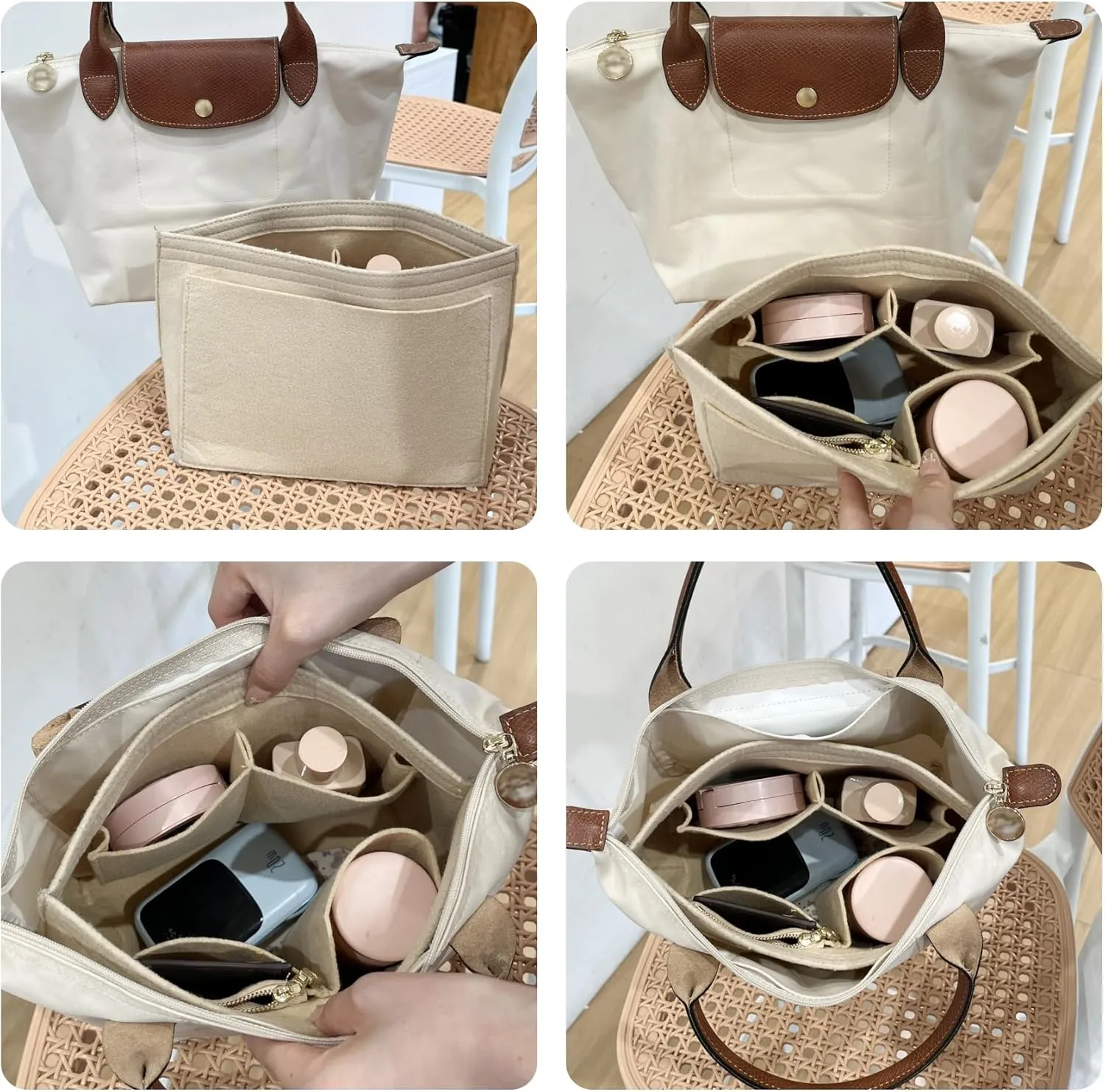 2025 Purse Organizer Insert Compatible with Longchamp Le Pliage Large and More, Felt Zipper Long Champ Bag Organizer Insert with Cup Holder, 8 Compartments (Beige,L)