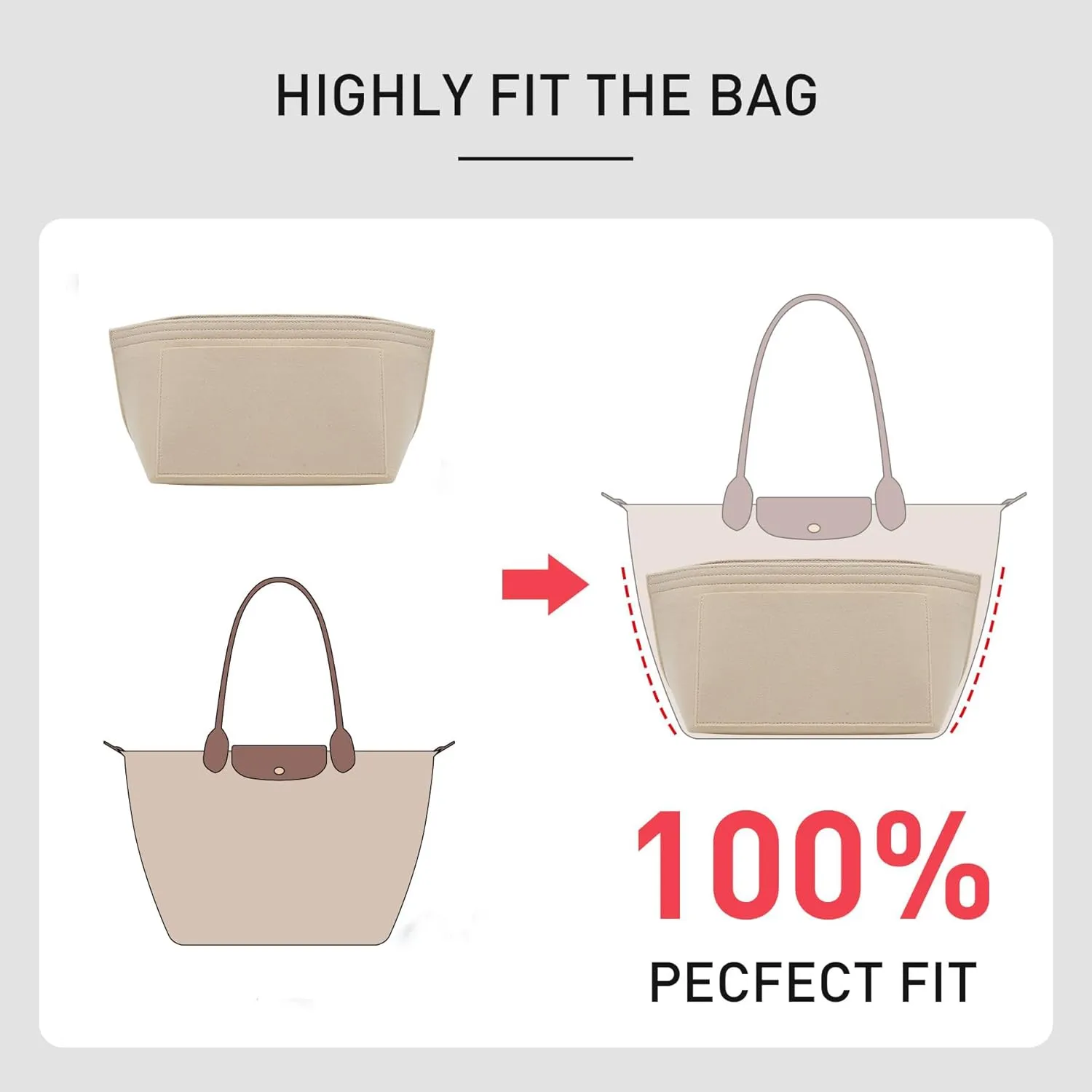 2025 Purse Organizer Insert Compatible with Longchamp Le Pliage Large and More, Felt Zipper Long Champ Bag Organizer Insert with Cup Holder, 8 Compartments (Beige,L)