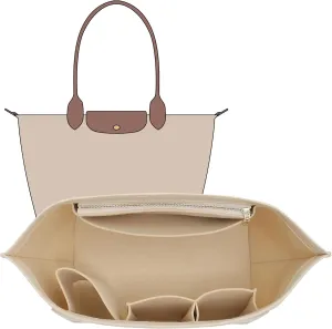 2025 Purse Organizer Insert Compatible with Longchamp Le Pliage Large and More, Felt Zipper Long Champ Bag Organizer Insert with Cup Holder, 8 Compartments (Beige,L)