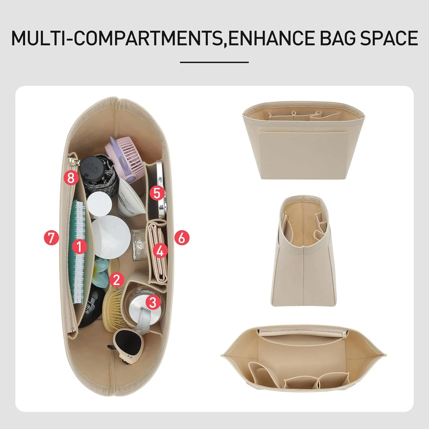 2025 Purse Organizer Insert Compatible with Longchamp Le Pliage Large and More, Felt Zipper Long Champ Bag Organizer Insert with Cup Holder, 8 Compartments (Beige,L)