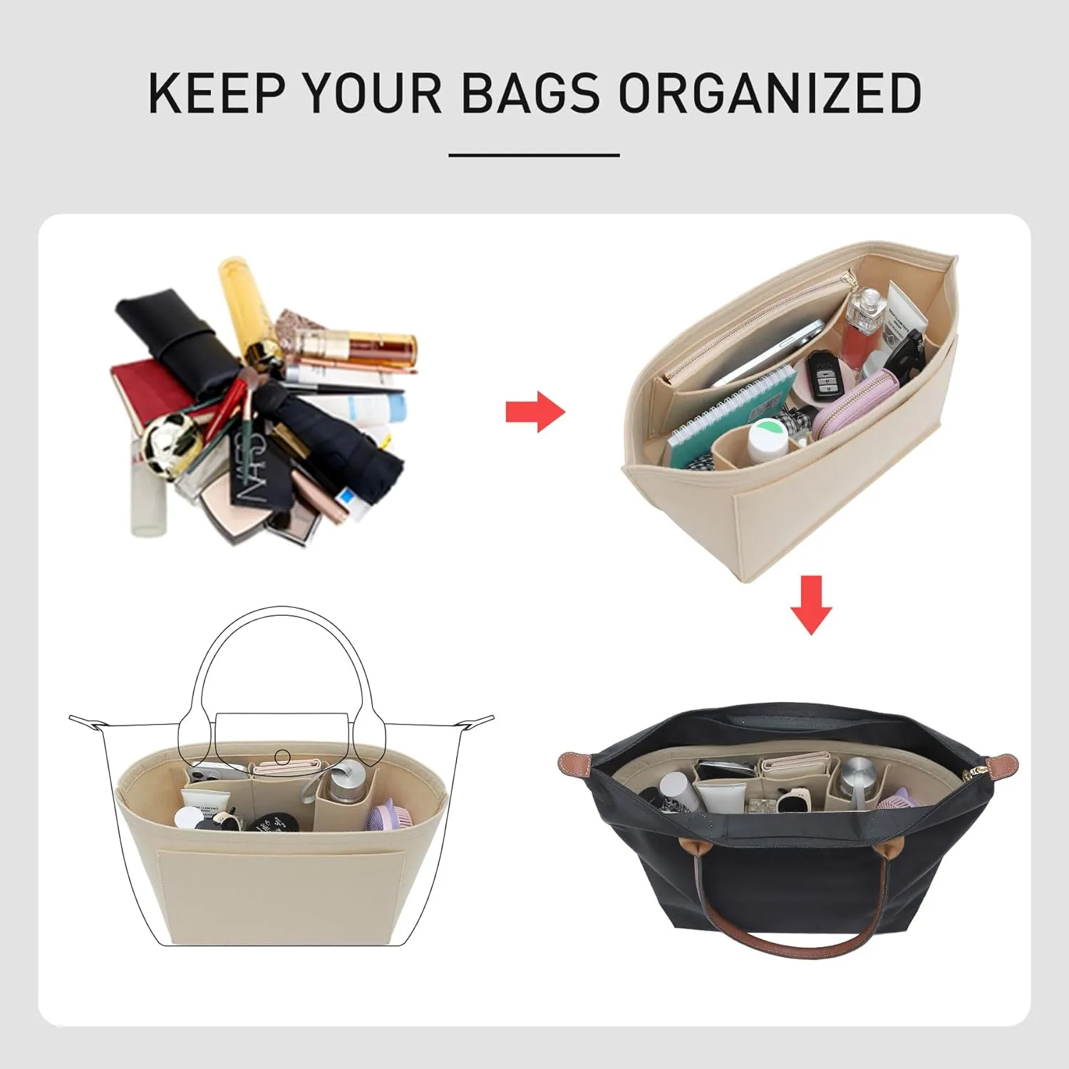 2025 Purse Organizer Insert Compatible with Longchamp Le Pliage Large and More, Felt Zipper Long Champ Bag Organizer Insert with Cup Holder, 8 Compartments (Beige,L)