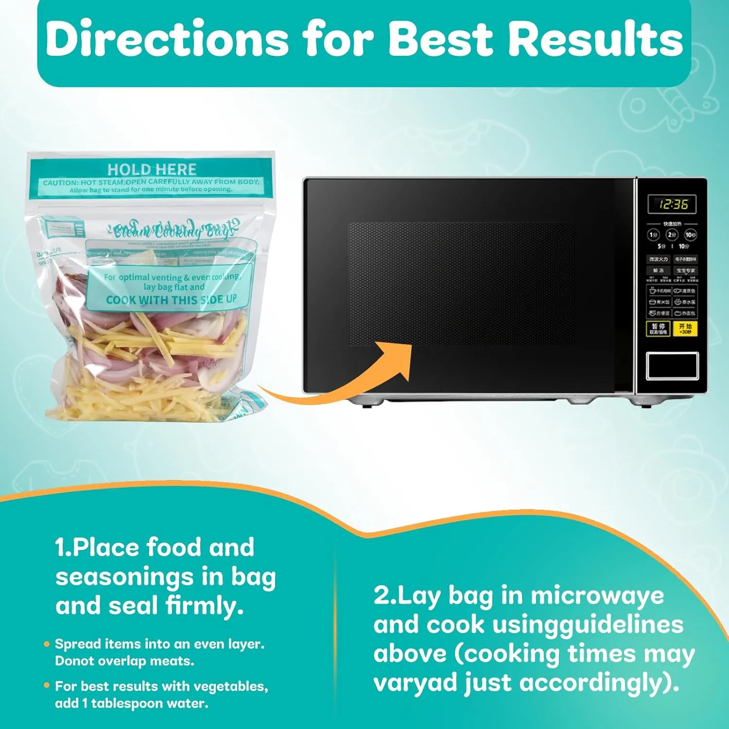 24×Steam Cooking Bags Microwave Steamer Bags for Vegetables,Potatoes and Meat (2 Pack)