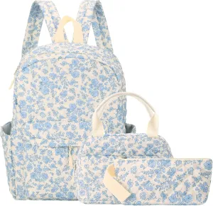 3 Pcs Backpack Bags Set with Cotton Quilted School Lunch Box Pencil Bag Daypack Bookbags for Girl Women Travel(Blue Floral)