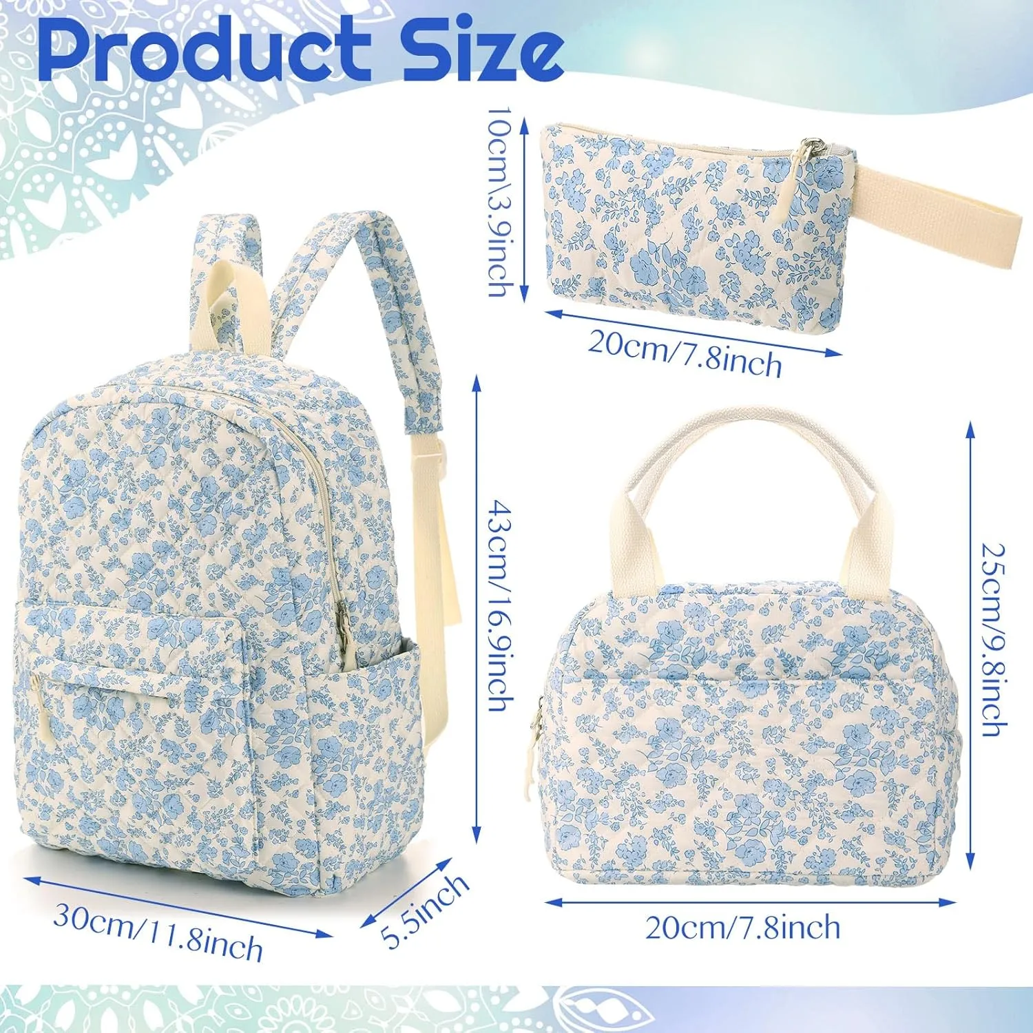 3 Pcs Backpack Bags Set with Cotton Quilted School Lunch Box Pencil Bag Daypack Bookbags for Girl Women Travel(Blue Floral)