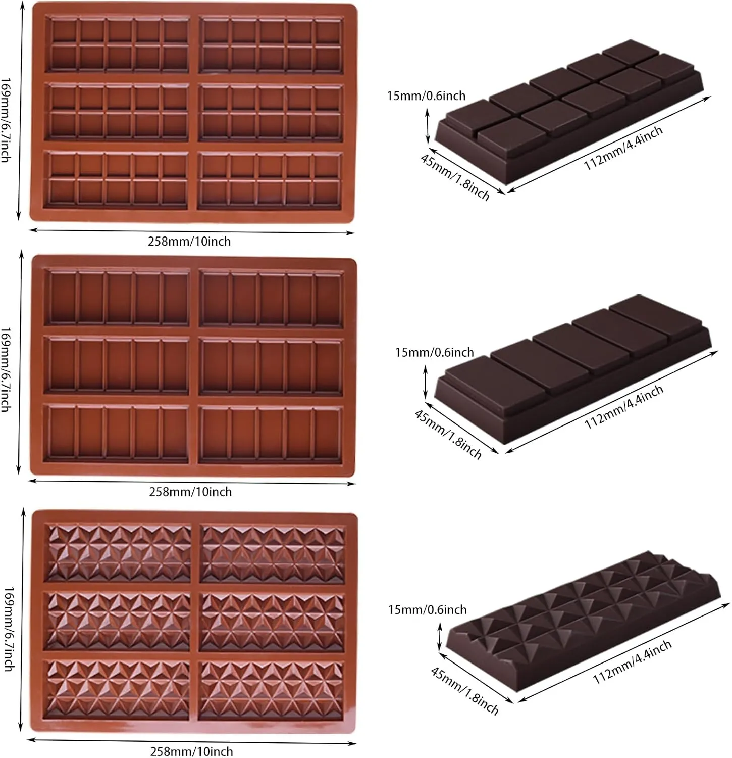 3 Pcs Deep Chocolate Bar Mold, Silicone Mold for Stuffed Chocolate, Break Apart Knafeh Pistachio Candy Molds With Bags and Scraper