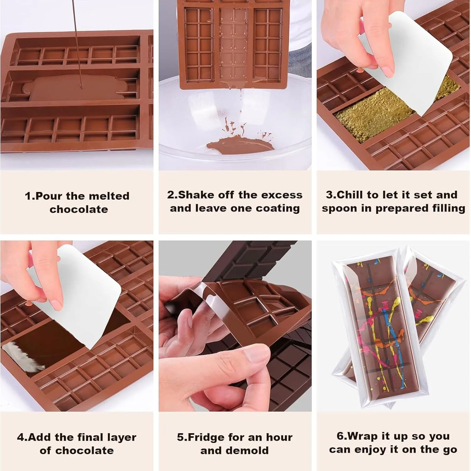 3 Pcs Deep Chocolate Bar Mold, Silicone Mold for Stuffed Chocolate, Break Apart Knafeh Pistachio Candy Molds With Bags and Scraper