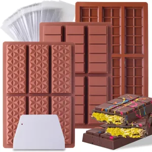 3 Pcs Deep Chocolate Bar Mold, Silicone Mold for Stuffed Chocolate, Break Apart Knafeh Pistachio Candy Molds With Bags and Scraper