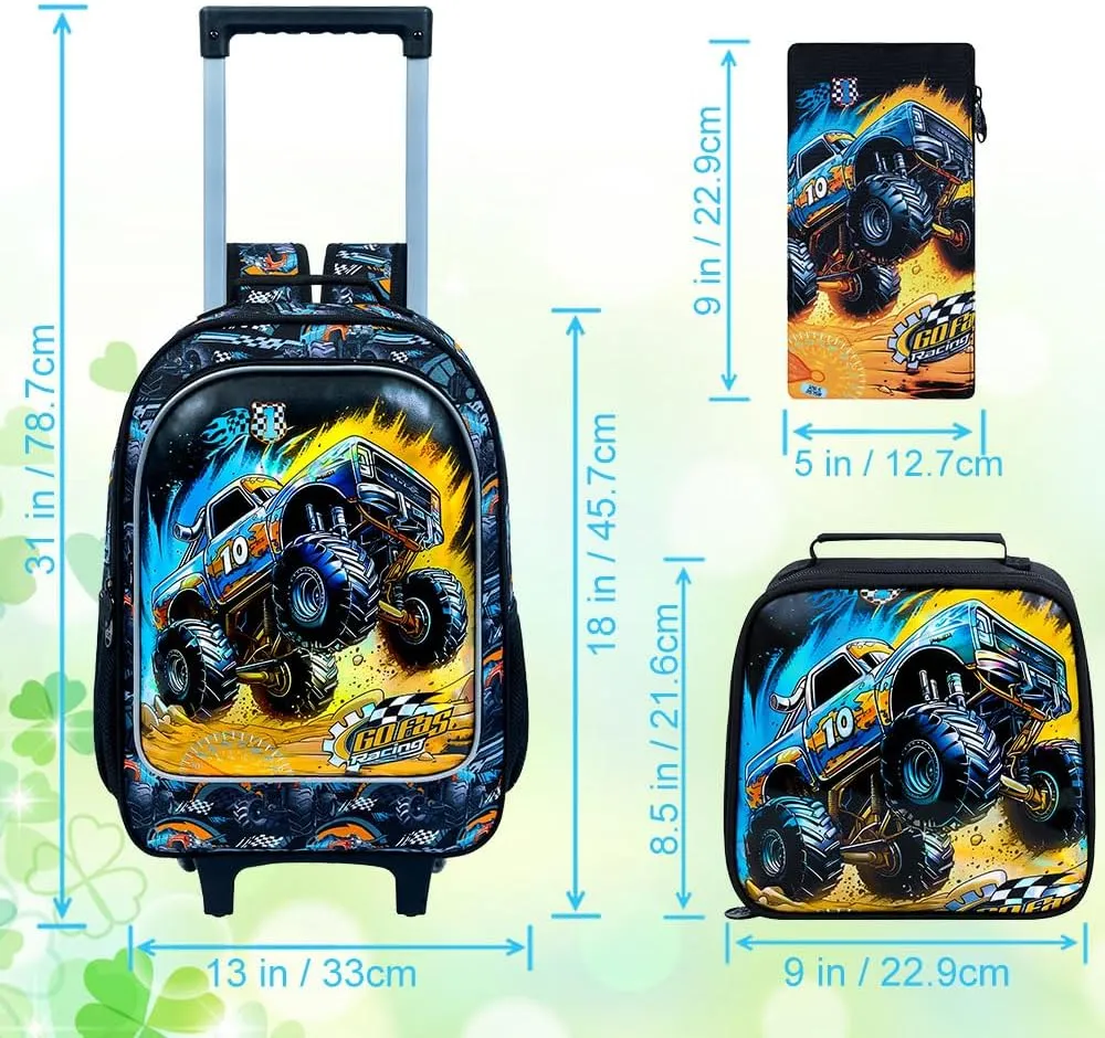 3Pcs Cars Rolling Backpack for Boys, Kids School Backpacks with Wheels, Roller Bookbag with Lunch Box for Elementary Preschool(Black)