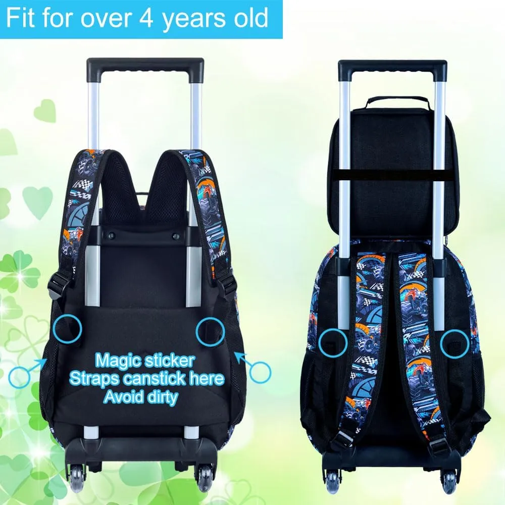 3Pcs Cars Rolling Backpack for Boys, Kids School Backpacks with Wheels, Roller Bookbag with Lunch Box for Elementary Preschool(Black)