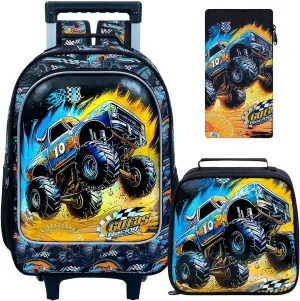 3Pcs Cars Rolling Backpack for Boys, Kids School Backpacks with Wheels, Roller Bookbag with Lunch Box for Elementary Preschool(Black)