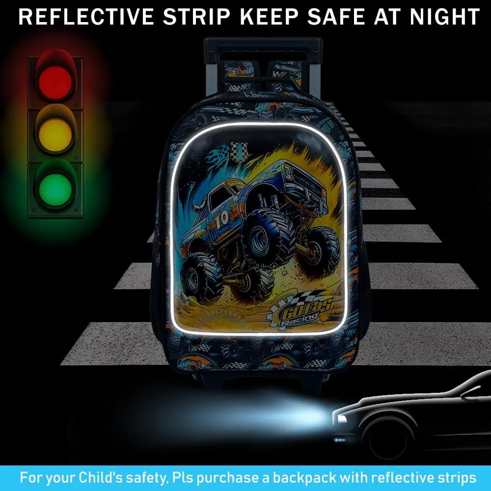3Pcs Cars Rolling Backpack for Boys, Kids School Backpacks with Wheels, Roller Bookbag with Lunch Box for Elementary Preschool(Black)