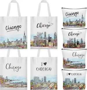 8 Pcs Watercolor Chicago Souvenirs Gifts for Women Girls Include Watercolor Chicago Tote Bag and Cosmetic Bags Reusable City Trip Gifts for Travel Lovers