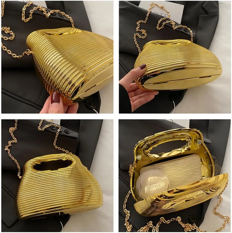 Acrylic Top Handle Stripe Chain Shoulder Bag, Bucket Mirror Crossbody Purse, Novelty Luxury Metallic Evening Satchel Clutch