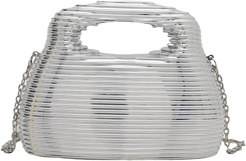Acrylic Top Handle Stripe Chain Shoulder Bag, Bucket Mirror Crossbody Purse, Novelty Luxury Metallic Evening Satchel Clutch