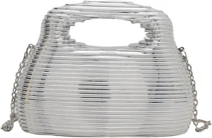 Acrylic Top Handle Stripe Chain Shoulder Bag, Bucket Mirror Crossbody Purse, Novelty Luxury Metallic Evening Satchel Clutch