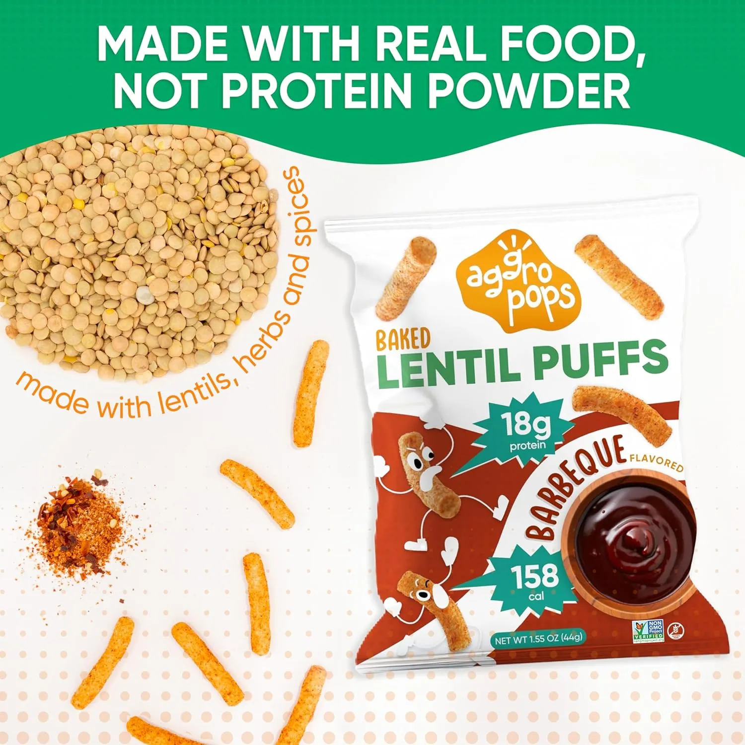 Aggropops High Protein Lentil Snacks - 158Cal & 18g Protein Per Bag. Low Calorie, Low Carb, Plant-Based, Vegan, and Gluten Free Healthy Snack for Adults. Bariatric Friendly Food. Barbeque Flavored (6 Bags)