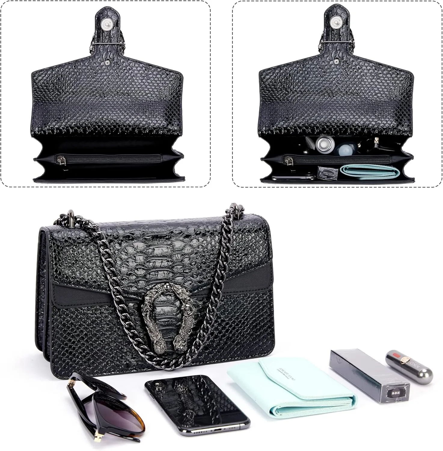 Aiqudou Crossbody Bag and Satchel Purse for Women - Fashion Snake Print Chain Purse Luxury PU Leather HandBag