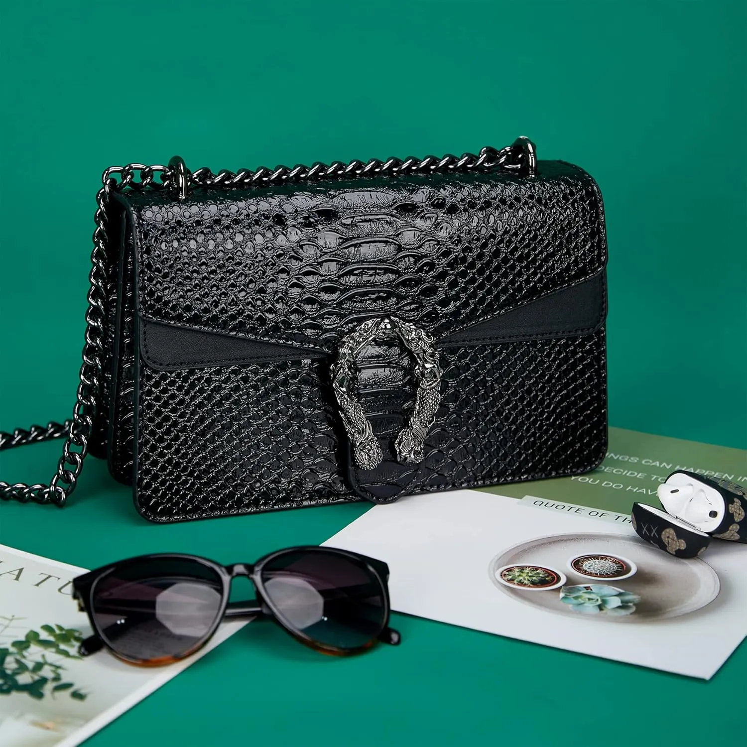 Aiqudou Crossbody Bag and Satchel Purse for Women - Fashion Snake Print Chain Purse Luxury PU Leather HandBag