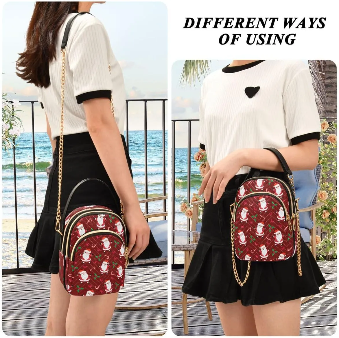 ALAZA Christmas Santa Claus Flower Blossom Crossbody Bag Small Shoulder Handbags Leather Purse for Women