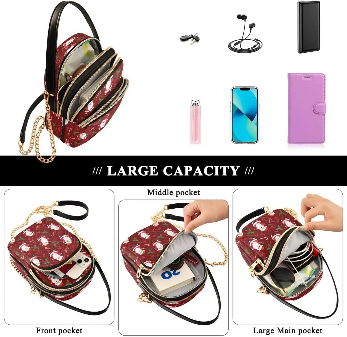 ALAZA Christmas Santa Claus Flower Blossom Crossbody Bag Small Shoulder Handbags Leather Purse for Women