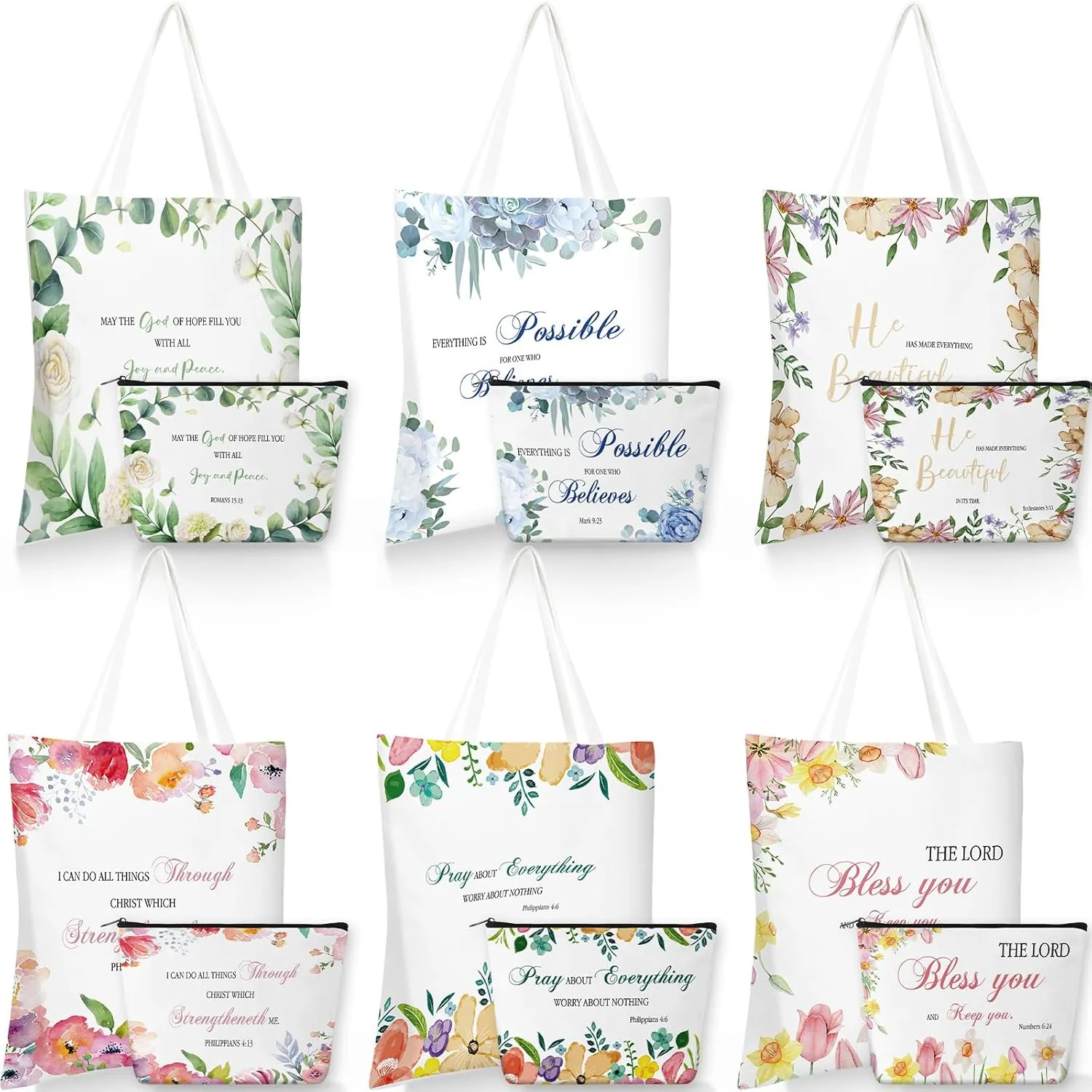 Aliceset 12 Pcs Christian Gift for Women Mother's Day Including 6 Bible Verse Tote Bags 6 Inspirational Makeup Bags with Zipper Religious Motivational Gifts for Coworkers Church(White,Colorful)
