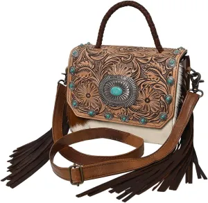 American Darling ADBG1388B Briefcase Hand Tooled Hair On Genuine Leather women bag western handbag purse