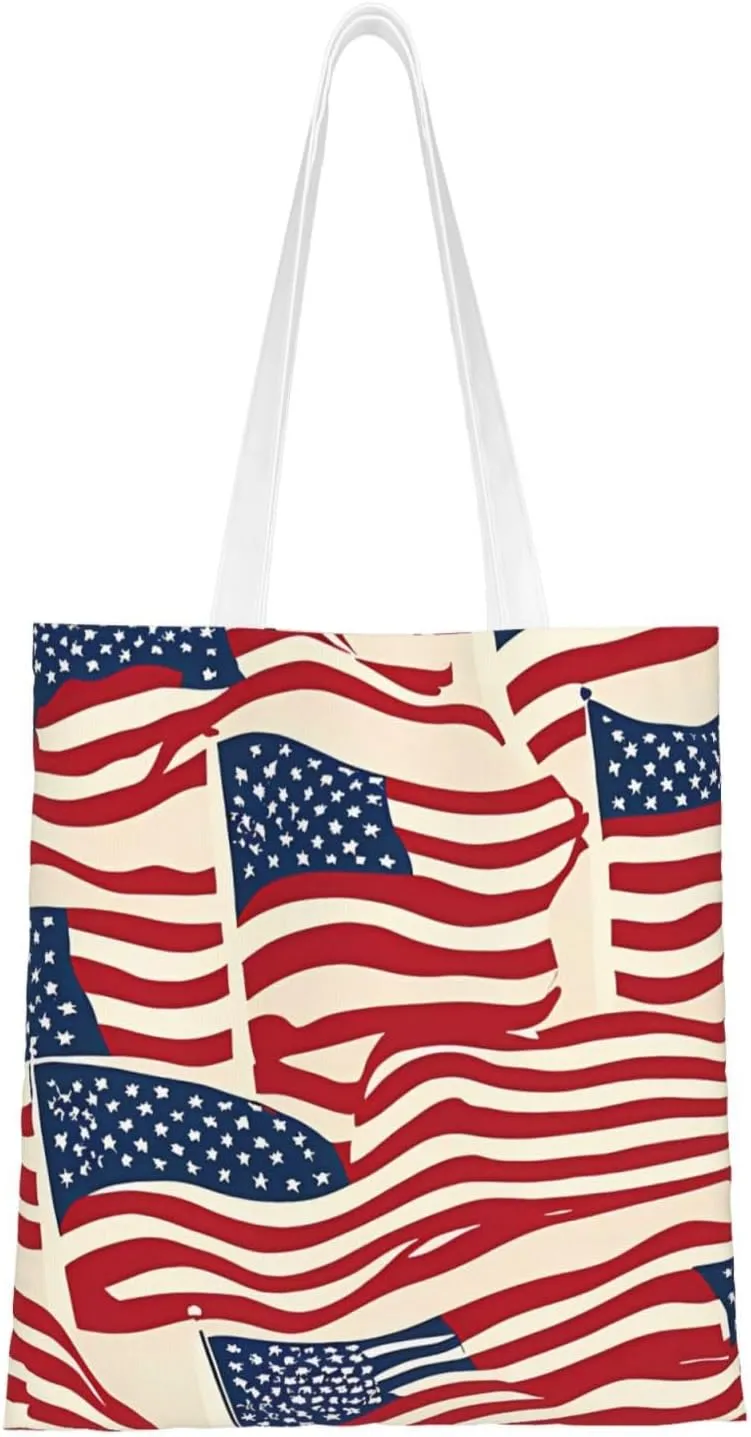 American Flag Canvas Tote Bag for Women Reusable Grocery Shoulder Bags Shopping Handbags