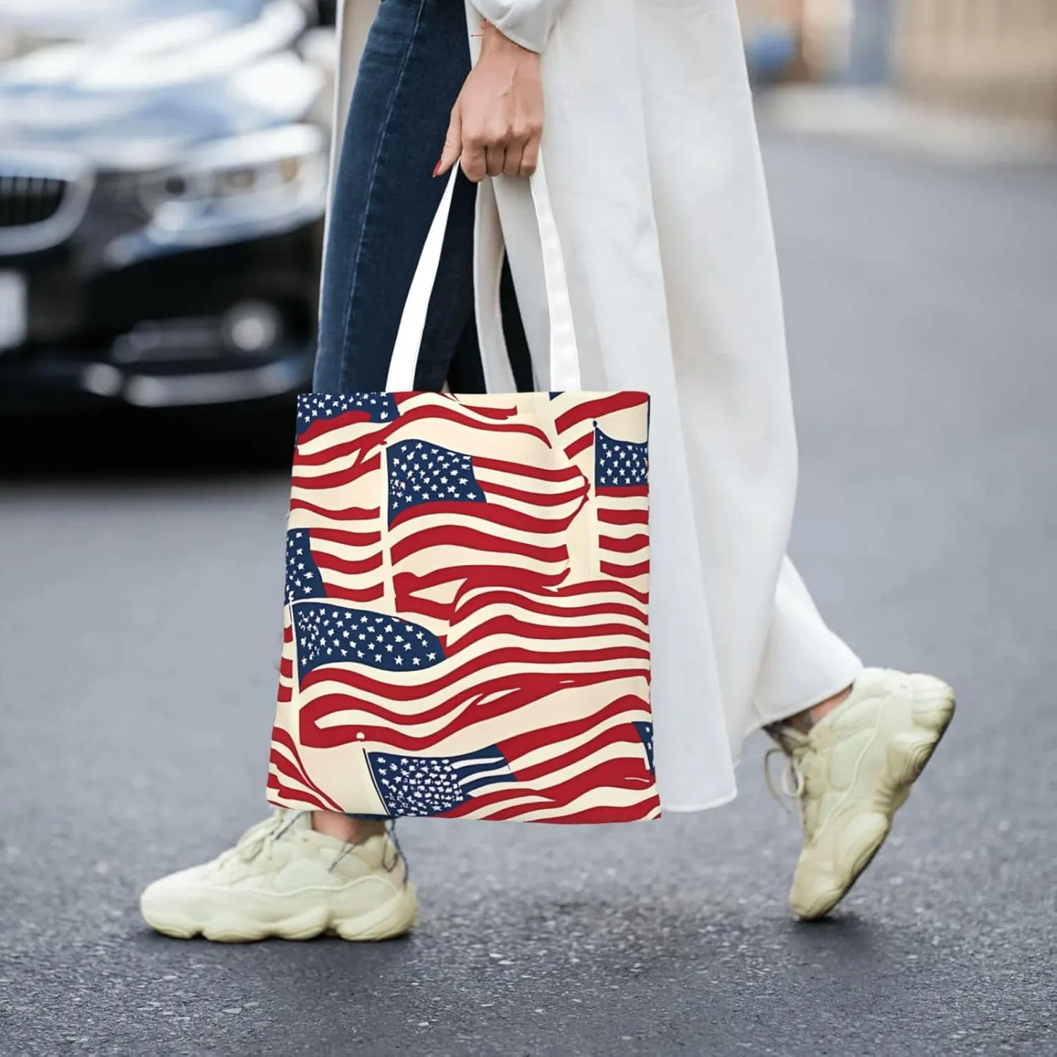 American Flag Canvas Tote Bag for Women Reusable Grocery Shoulder Bags Shopping Handbags