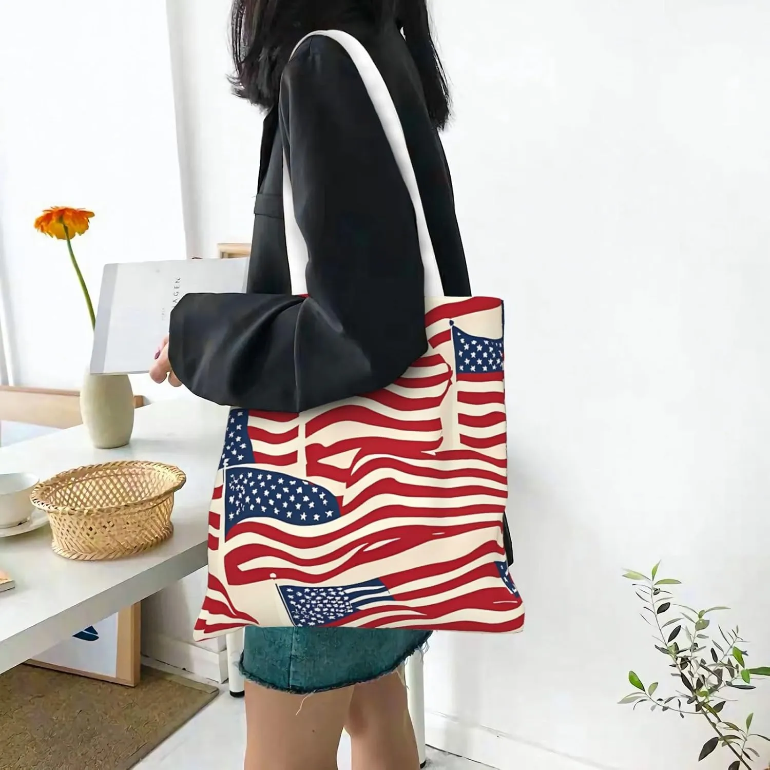 American Flag Canvas Tote Bag for Women Reusable Grocery Shoulder Bags Shopping Handbags