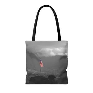 American Flag on a Cliff in Arizona Colored Black & White Printed Tote Bag Medium 16x16 inch Tote Bag Black Straps Americana America Patriotic Themed Shoulder Bag Handbag Beach Bag