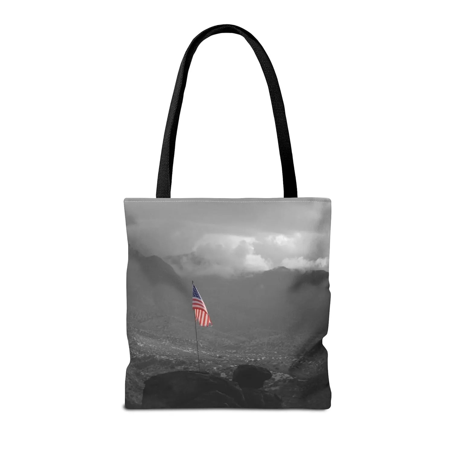 American Flag on a Cliff in Arizona Colored Black & White Printed Tote Bag Medium 16x16 inch Tote Bag Black Straps Americana America Patriotic Themed Shoulder Bag Handbag Beach Bag