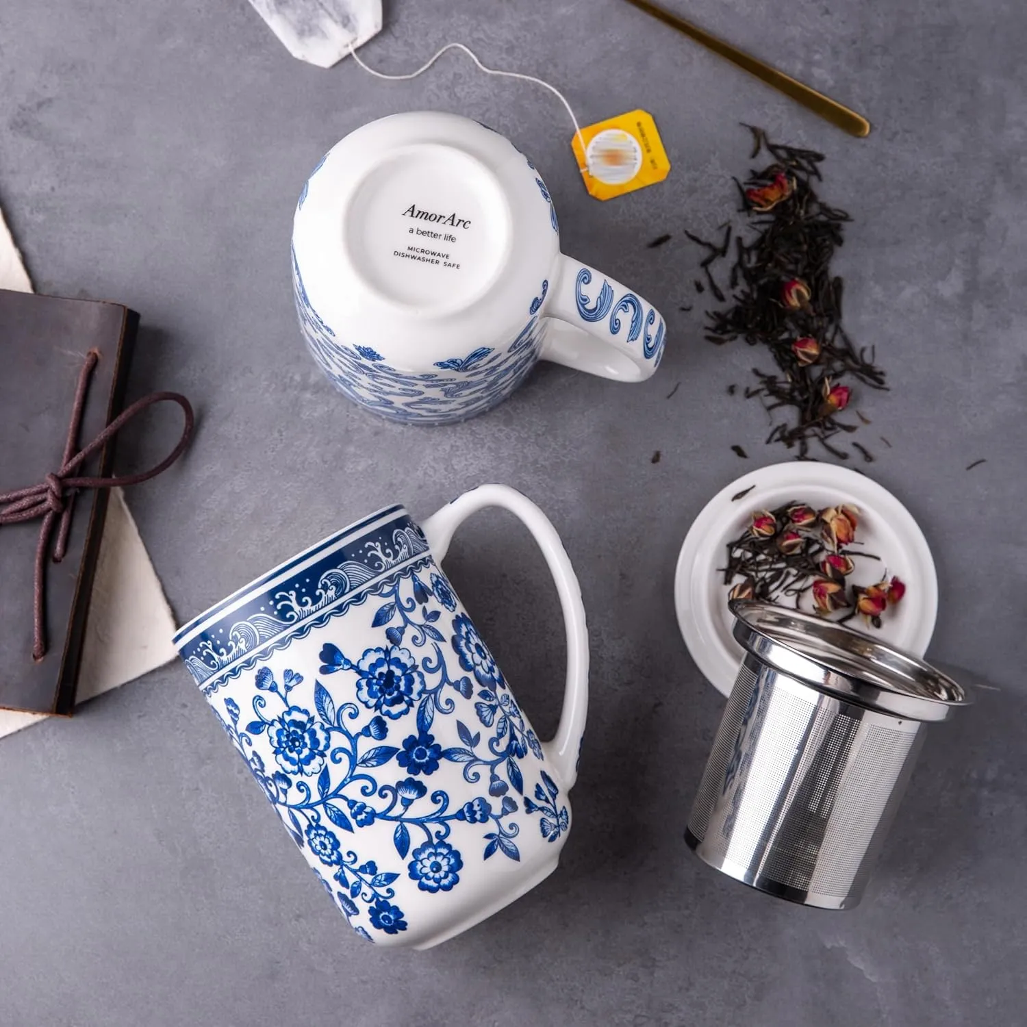 AmorArc Porcelain Tea Mug with Infuser and Lids, 18 Oz Coffee Cup Strainer with Bag Holder for Loose Leaf Tea, Steeping Coffee Mug for House-warming Wedding Birthday Gift