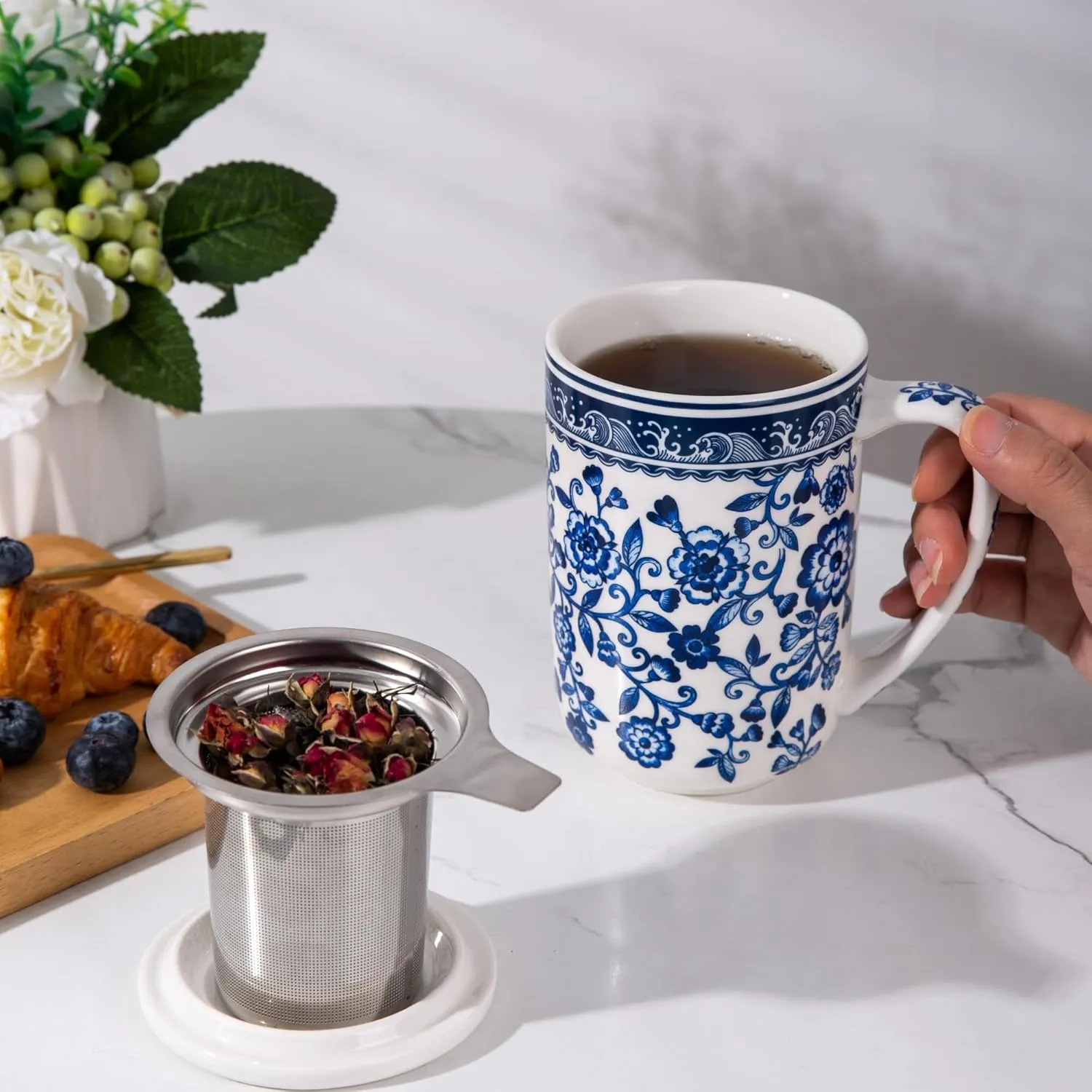 AmorArc Porcelain Tea Mug with Infuser and Lids, 18 Oz Coffee Cup Strainer with Bag Holder for Loose Leaf Tea, Steeping Coffee Mug for House-warming Wedding Birthday Gift