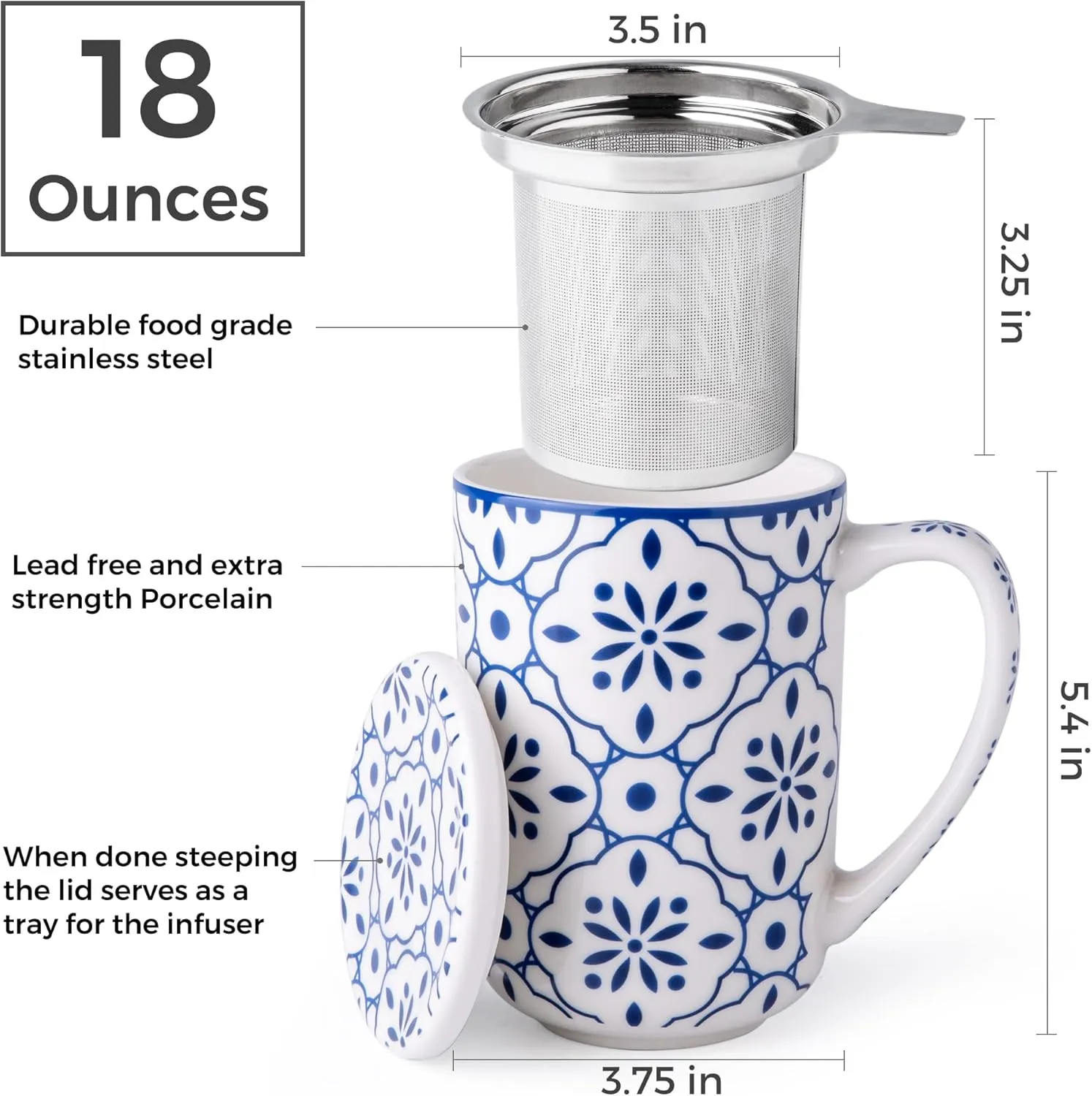 AmorArc Porcelain Tea Mug with Infuser and Lids, 18 Oz Coffee Cup Strainer with Bag Holder for Loose Leaf Tea, Steeping Coffee Mug for House-warming Wedding Birthday Gift