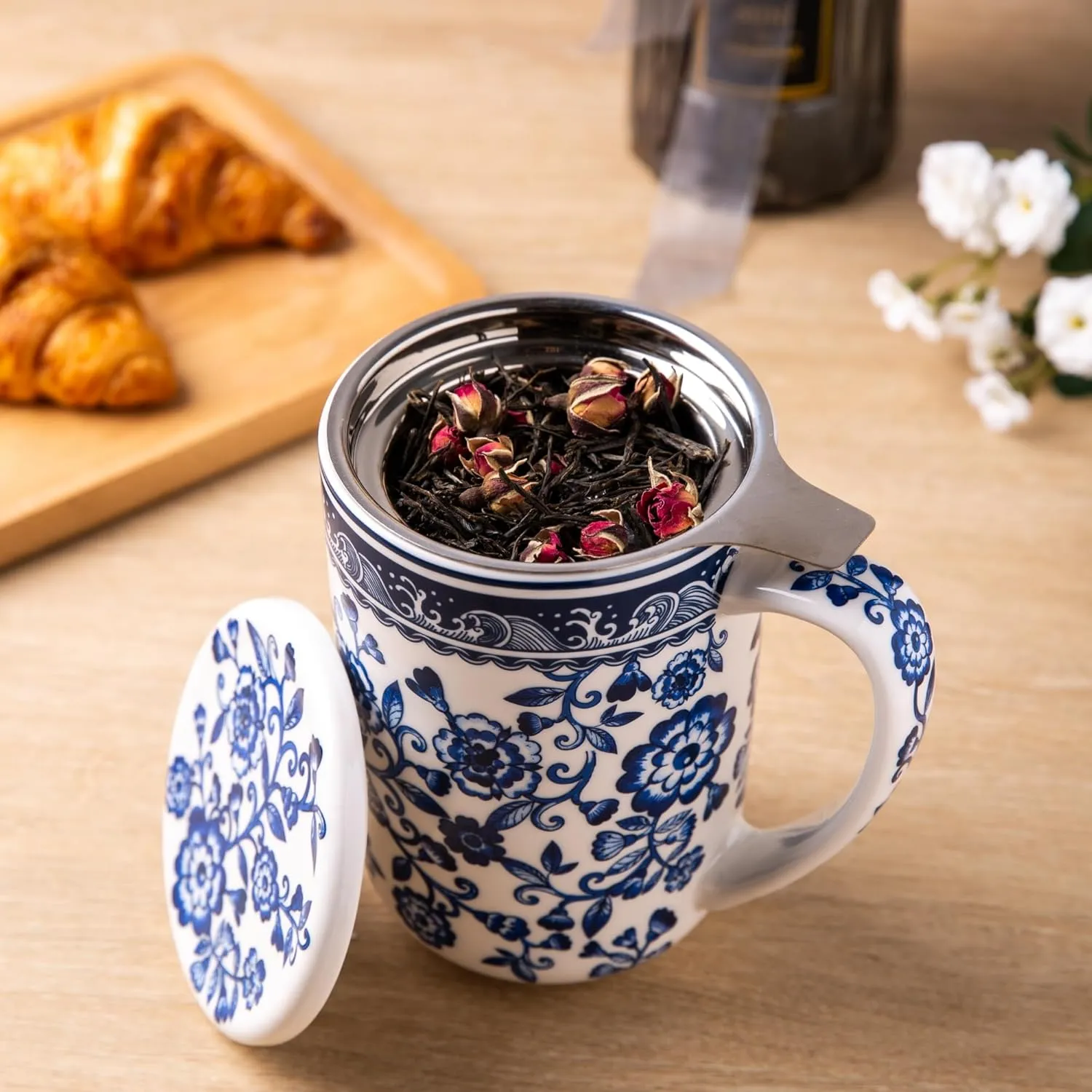 AmorArc Porcelain Tea Mug with Infuser and Lids, 18 Oz Coffee Cup Strainer with Bag Holder for Loose Leaf Tea, Steeping Coffee Mug for House-warming Wedding Birthday Gift