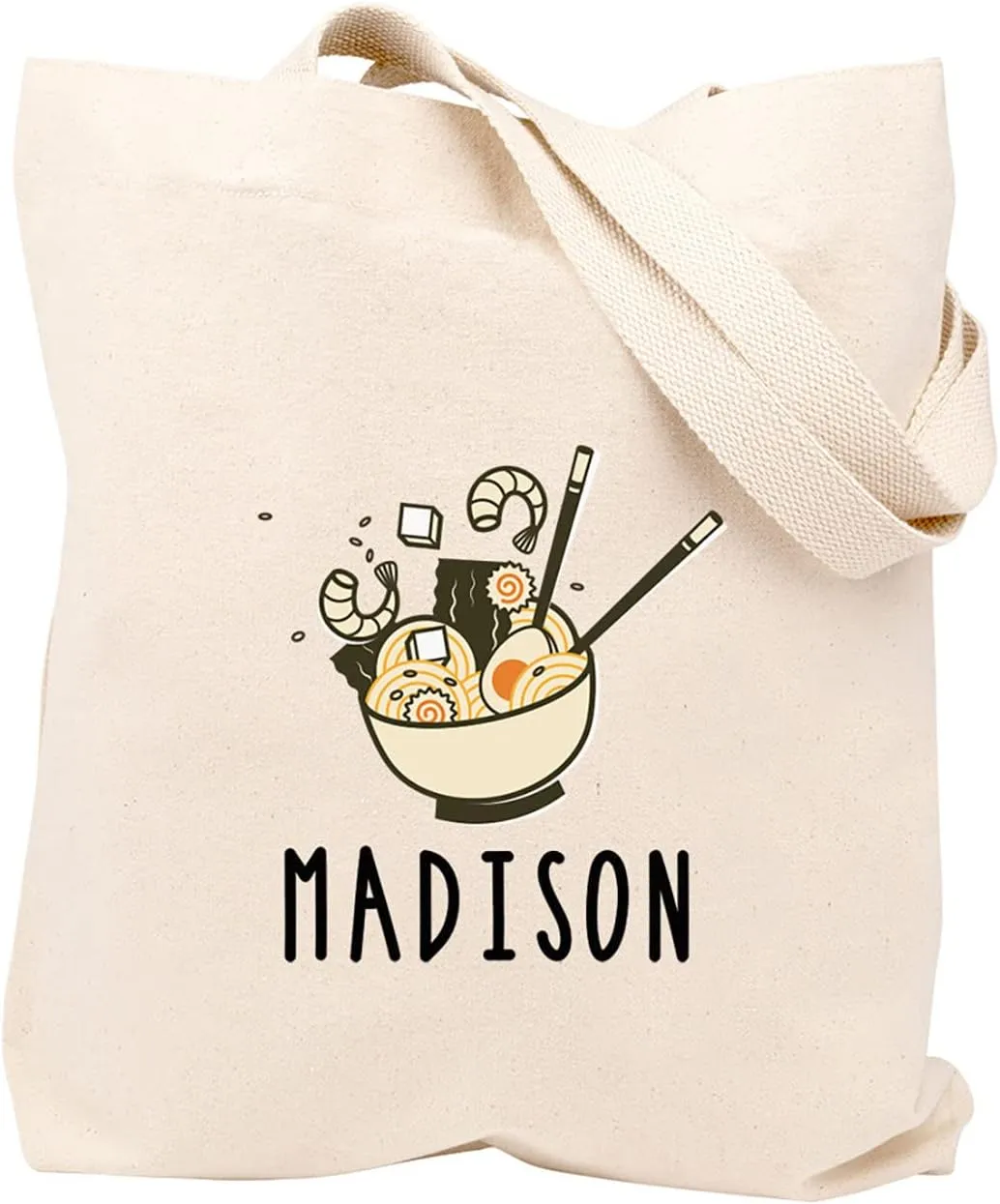 Andaz Press Personalized Canvas Beach Tote for Women, Custom Name Ramen Reusable Beach Bag, Shopping & Gym Bag, Grocery & School Bag, Birthday Gift for Adults, 1-Pack