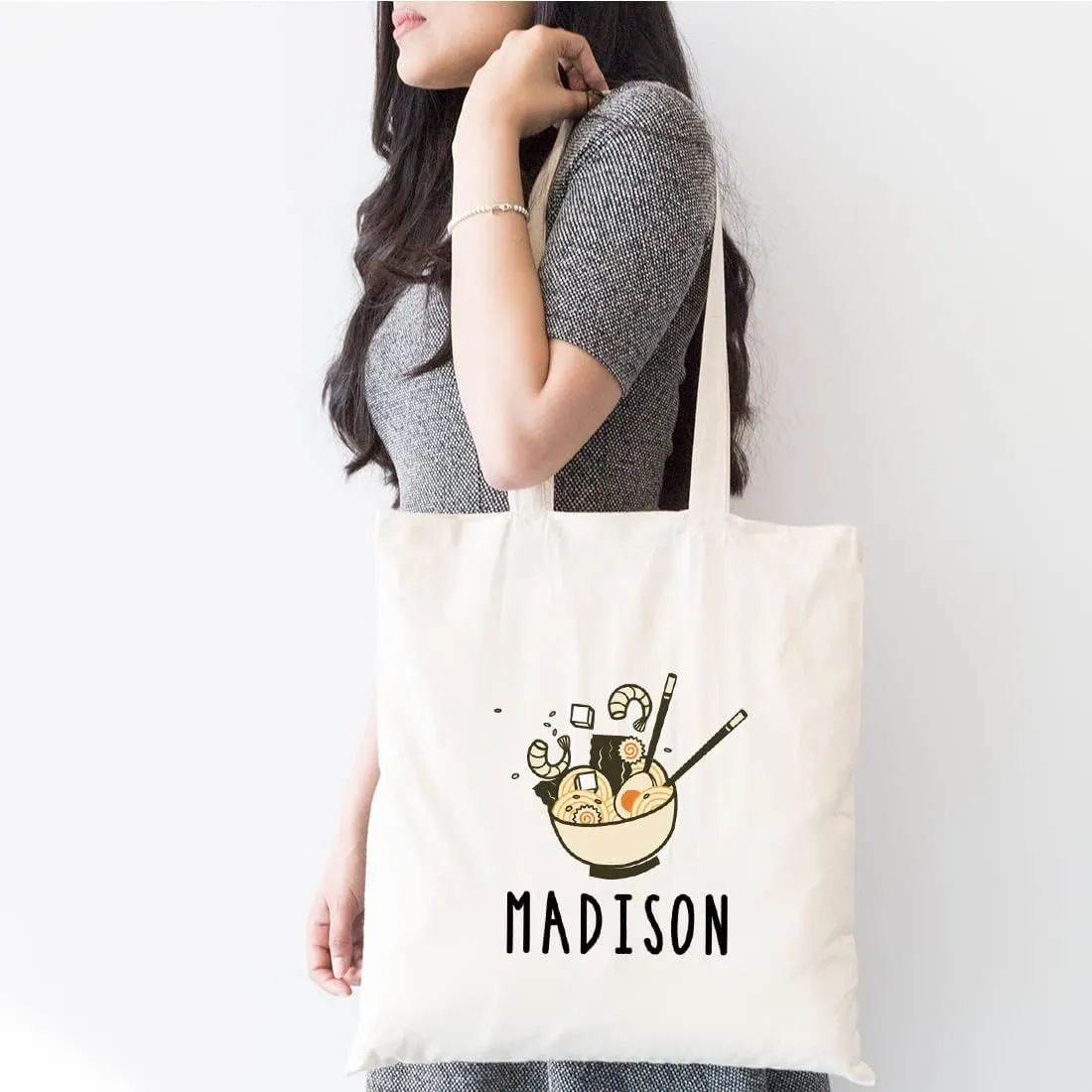 Andaz Press Personalized Canvas Beach Tote for Women, Custom Name Ramen Reusable Beach Bag, Shopping & Gym Bag, Grocery & School Bag, Birthday Gift for Adults, 1-Pack