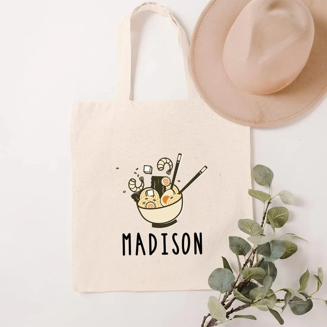 Andaz Press Personalized Canvas Beach Tote for Women, Custom Name Ramen Reusable Beach Bag, Shopping & Gym Bag, Grocery & School Bag, Birthday Gift for Adults, 1-Pack