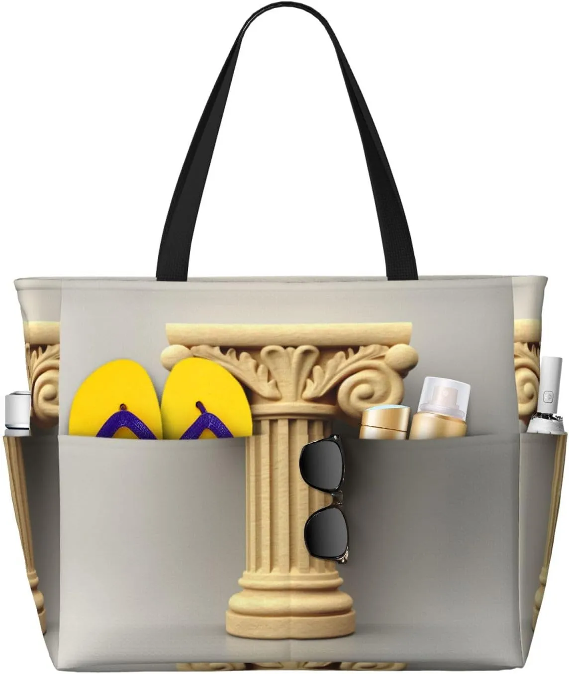 Antique Building with Roman Olive Branch and Greek Print Large Capacity Foldable Washable Zipper Beach Travel Tote Bag ShoppingBag